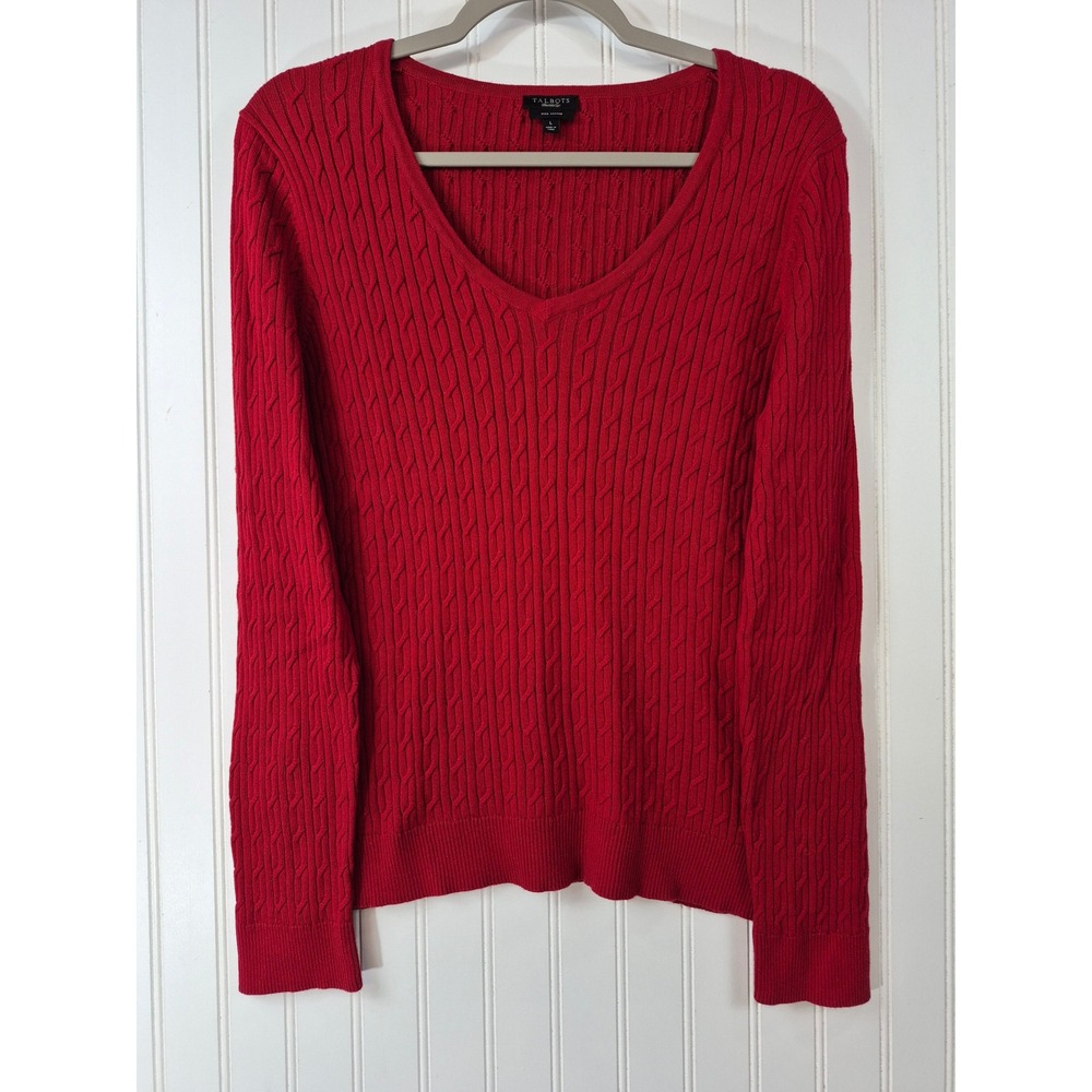 Talbots Red Cable Knit V-Neck 100% Pima Cotton Sweater Womens Large Pullover